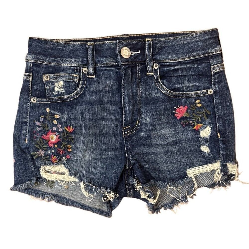 American Eagle Hi-Rise Shortie Short Dark Wash Distressed Floral Embroidery Sz 4